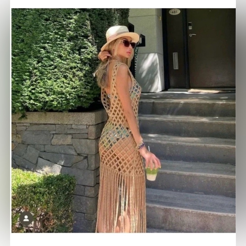 MESH DRESS WITH FRINGE BROWN